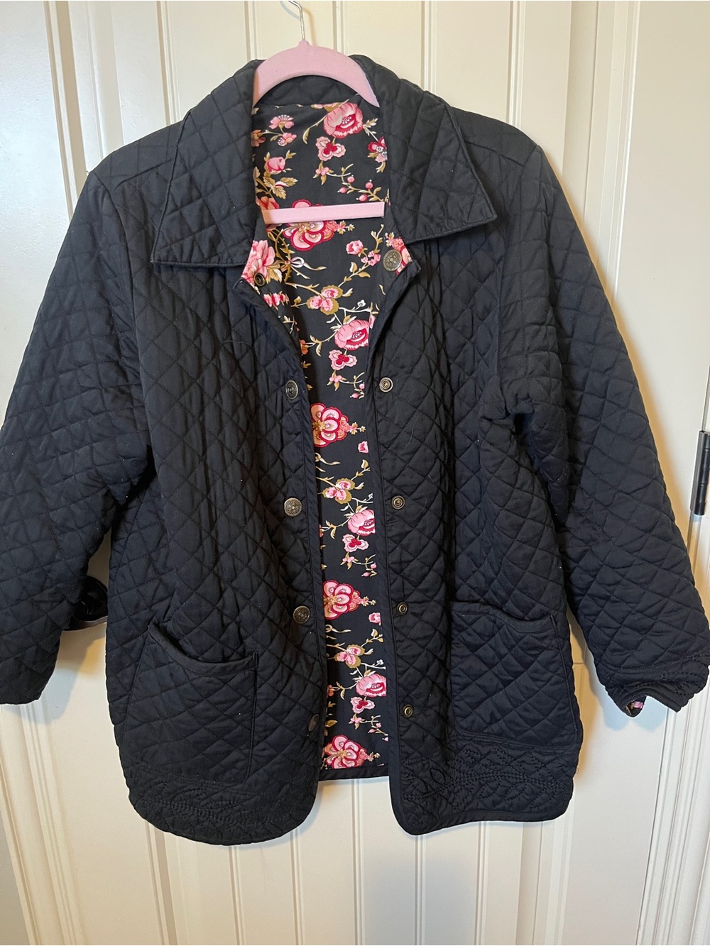 Quilted Black Women's Coat with Floral Lining